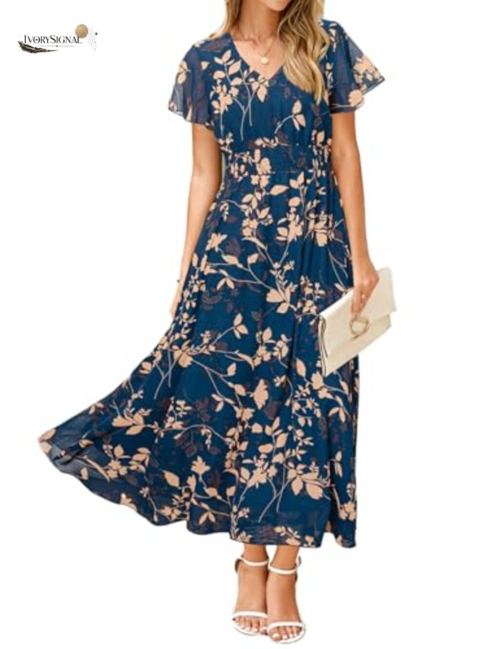 Simplee Women's Floral Maxi Dress Short Sleeve Smocked Chiffon Boho